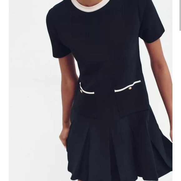 Zara Black Pleated Mini Dress with White Accents - Picture 1 of 7